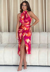 Girl In Mind Alessia Satin Halter Neck Midi Dress, Rose Abstract