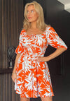 Girl In Mind Cora Palm Print Shirred Detail Mini Dress, Orange