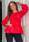 Girl In Mind Leanna Floral Balloon Sleeve Peplum Top, Red & Pink