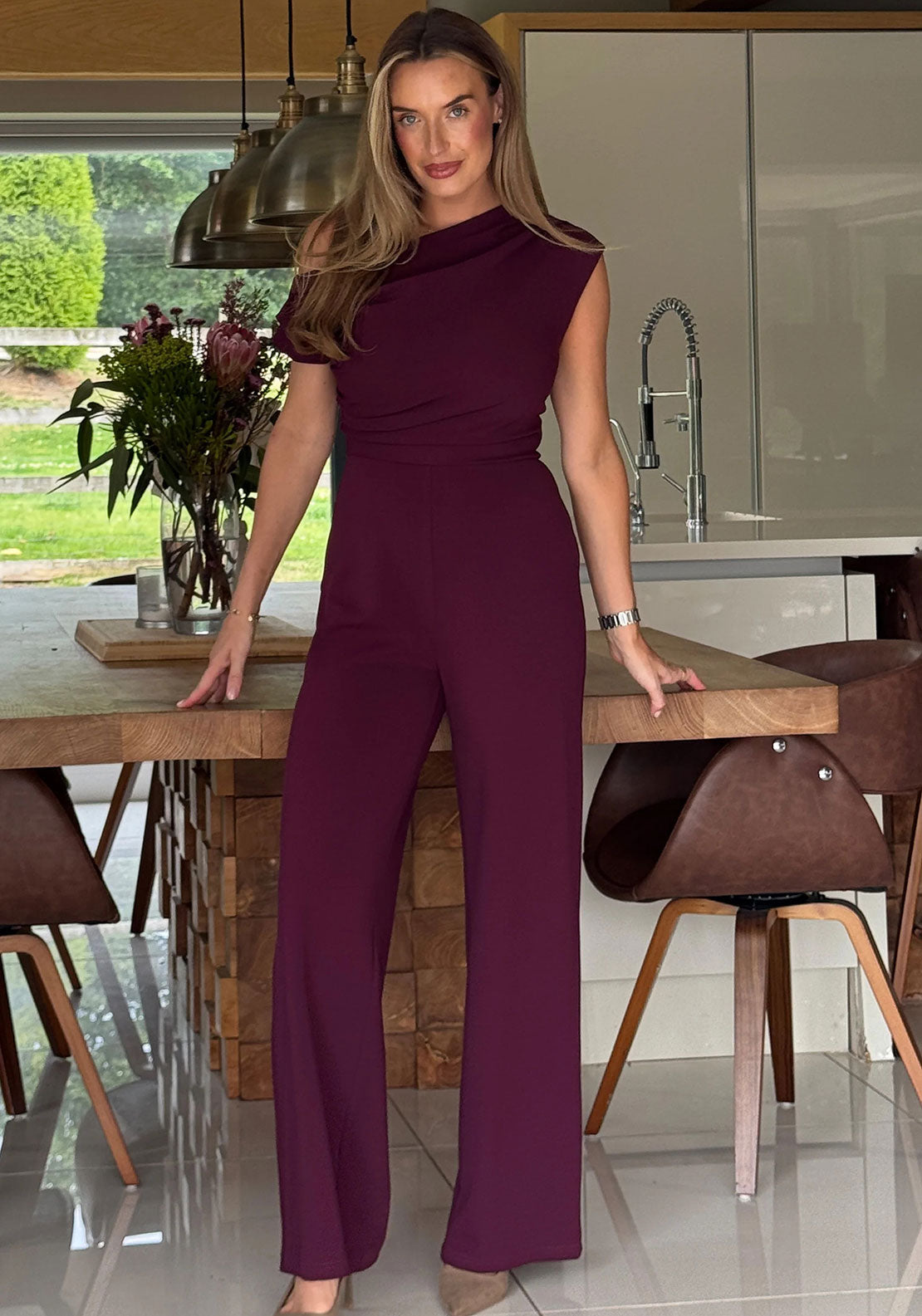 Girl in Mind Donna Asymmetric Neckline Jumpsuit, Wine