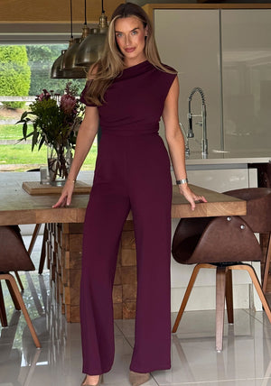 Girl in Mind Donna Asymmetric Neckline Jumpsuit, Wine
