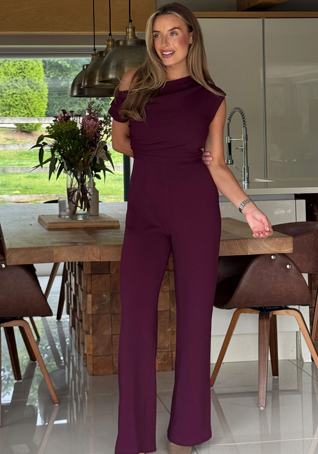 Girl in Mind Donna Asymmetric Neckline Jumpsuit, Wine
