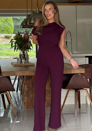 Girl in Mind Donna Asymmetric Neckline Jumpsuit, Wine