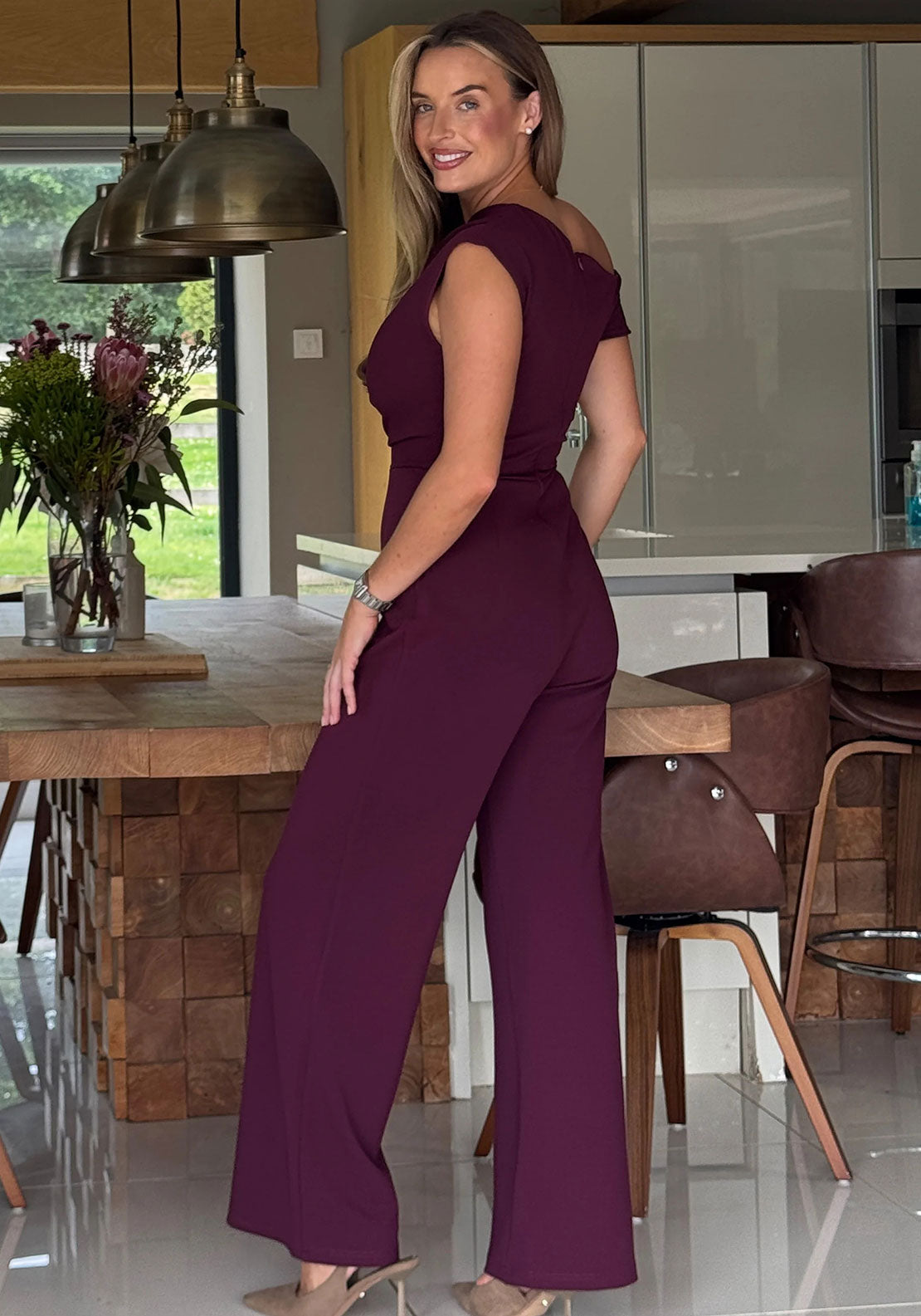 Girl in Mind Donna Asymmetric Neckline Jumpsuit, Wine
