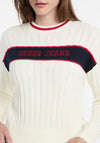 Guess Logo Embroidered Ribbed Sweater, Cream Multi