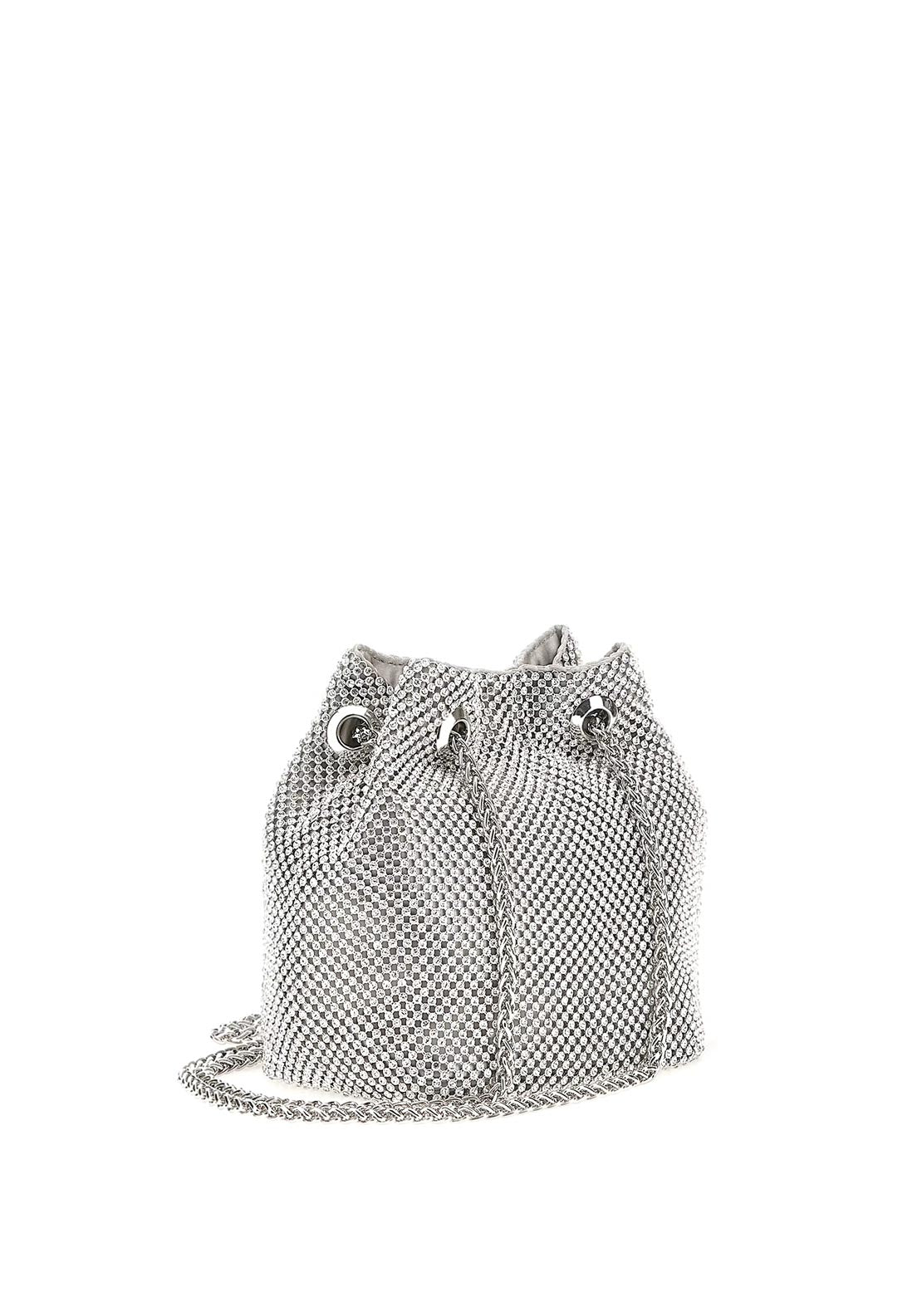 Guess Lua Rhinestone Mini Bucket Bag, Silver
