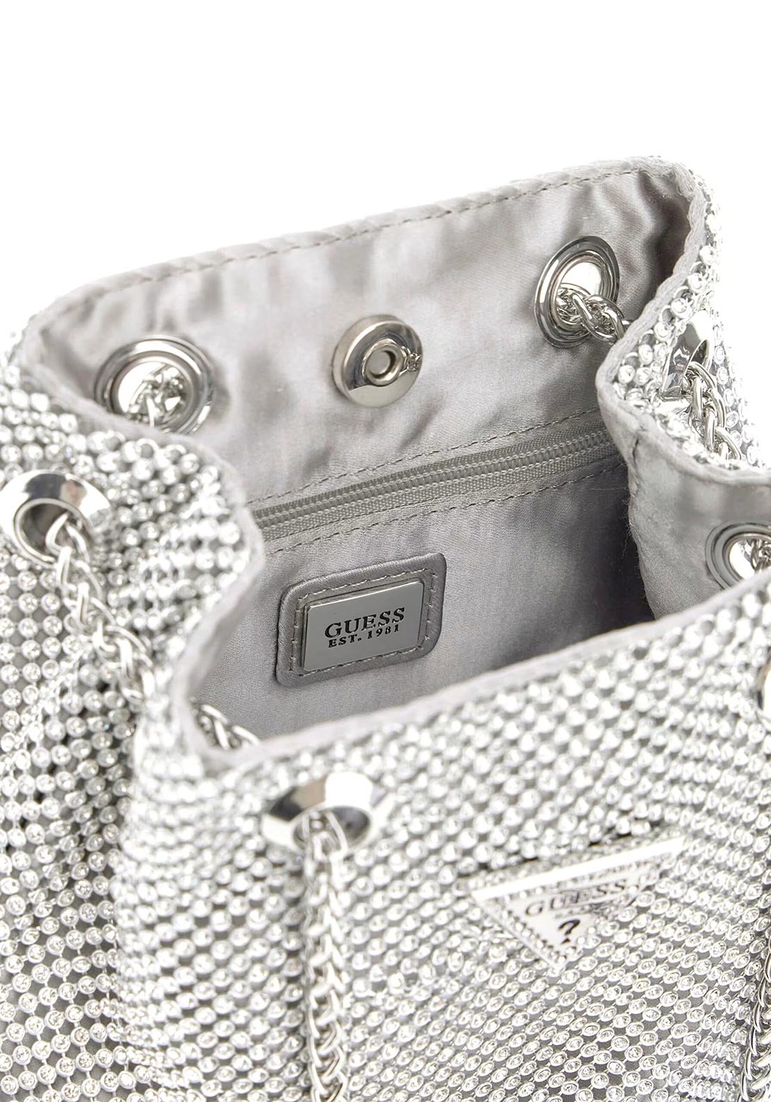 Guess Lua Rhinestone Mini Bucket Bag, Silver