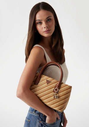 Guess Simona Raffia Weave Satchel Bag, Natural & Warm Tan