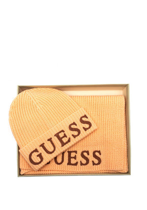 Guess Logo Ribbed Hat and Scarf Gift Set, Peach