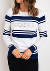 Guess Embellished Lace Logo Sweater, White & Navy