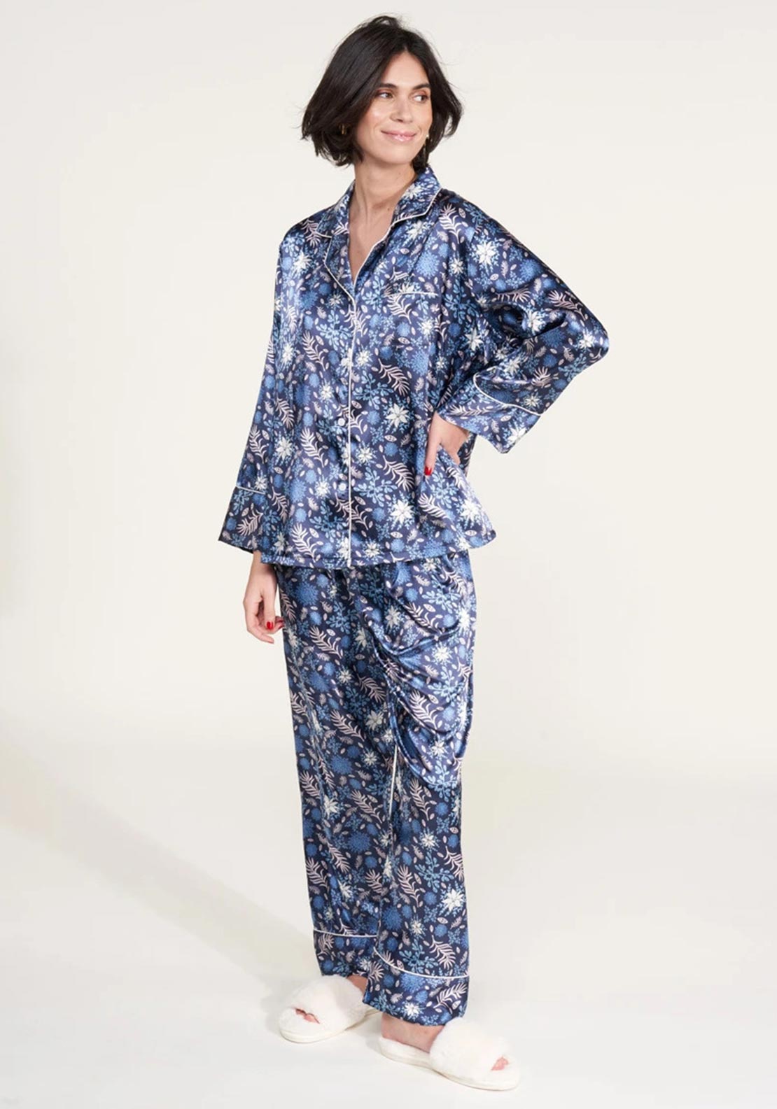 Serafina Collection Floral Satin Feel Pyjama Set, Navy