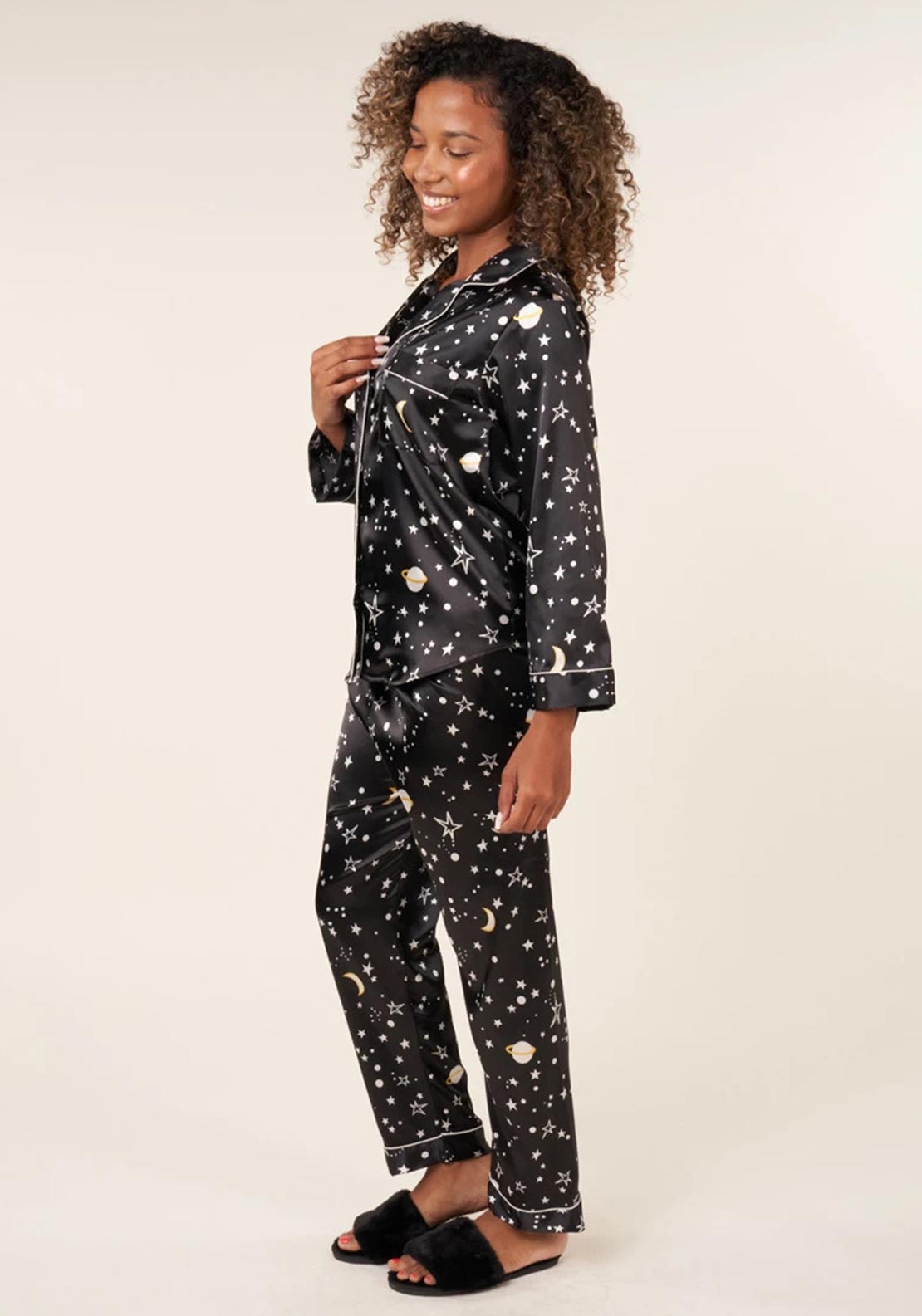 Serafina Collection Star Satin Feel Pyjama Set, Black