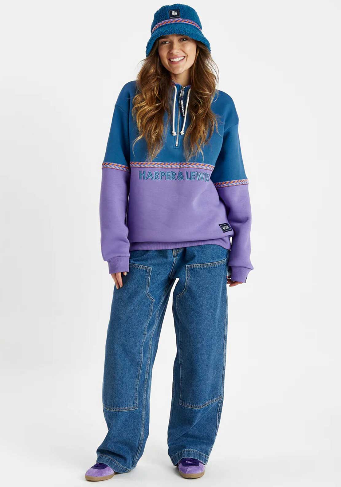 Harper & Sloan Unisex Kit Quarter Zip Sweatshirt, Petrol & Lavender