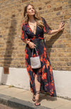 Hope & Ivy Nova Flutter Sleeve Floral Wrap Maxi Dress, Black and Orange