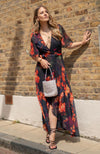 Hope & Ivy Nova Flutter Sleeve Floral Wrap Maxi Dress, Black and Orange