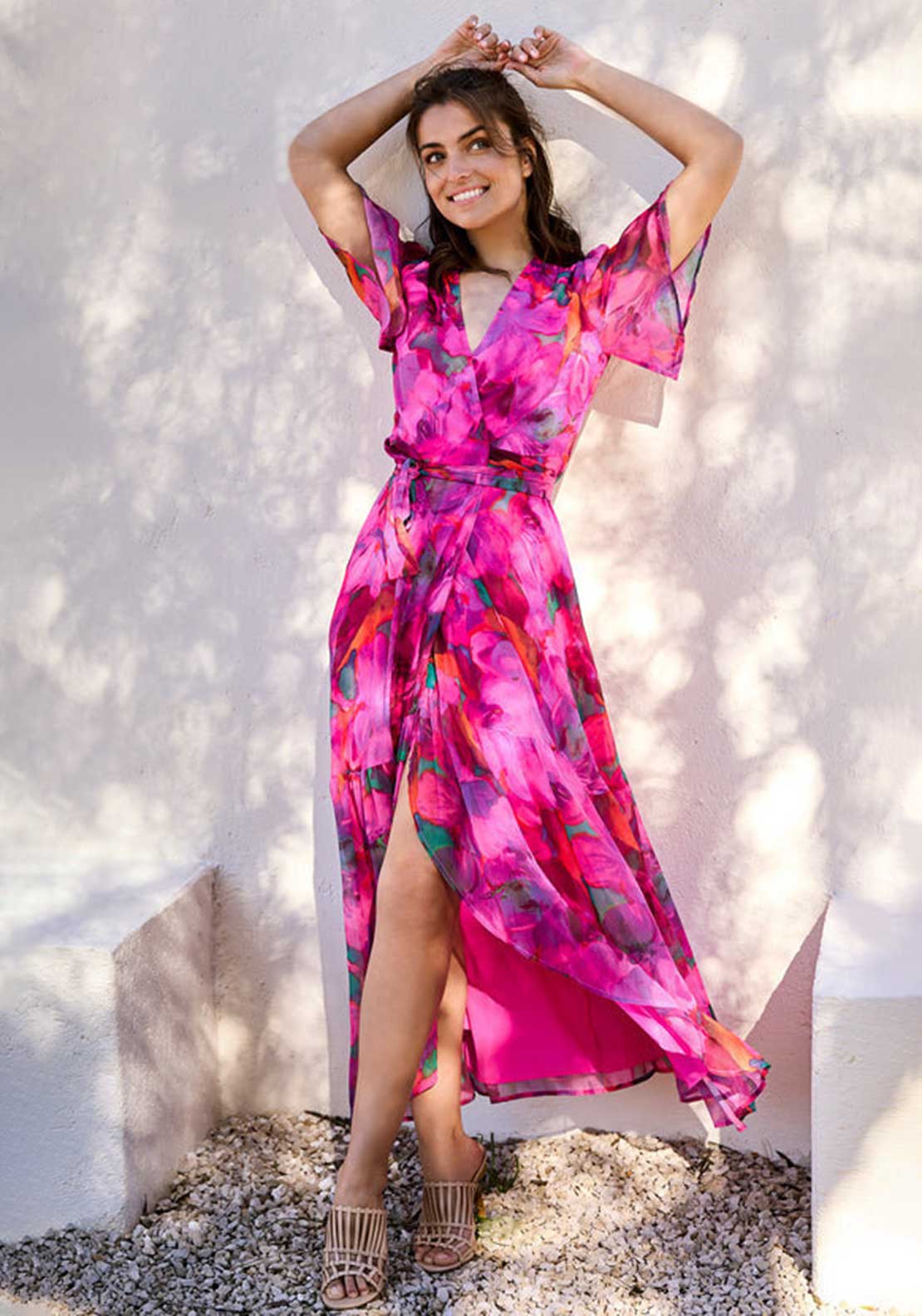 Hope Ivy Corinne Flutter Sleeve Maxi Wrap Dress, Bright Pink