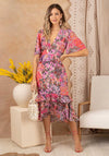 Hope & Ivy Mia V-Neck Peplum Midi Tea Dress, Pink Floral