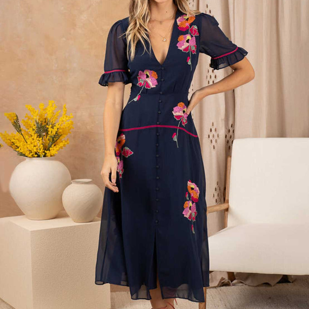 Hope Ivy Niamh Embroidered Frill Sleeve Button Front Midi Dress, Navy