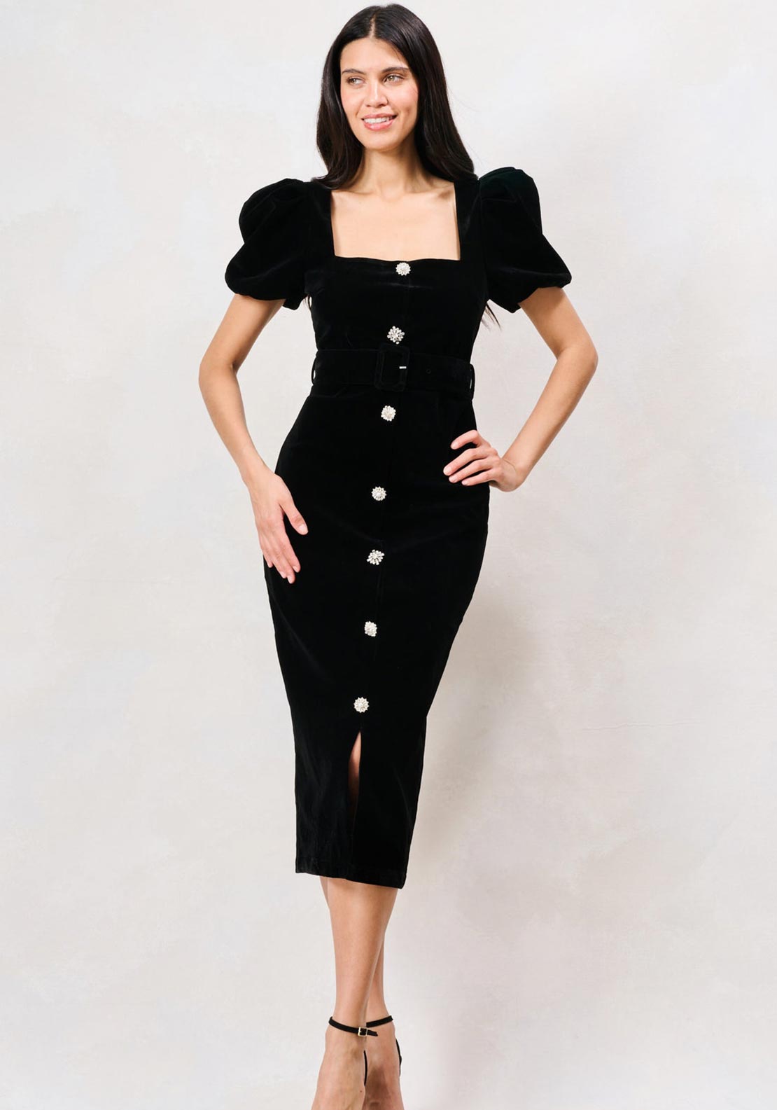 Hope & Ivy Dorinda Velvet with Embellished Button Pencil Dress, Black