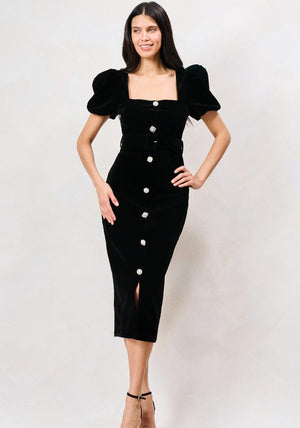 Hope & Ivy Dorinda Velvet with Embellished Button Pencil Dress, Black
