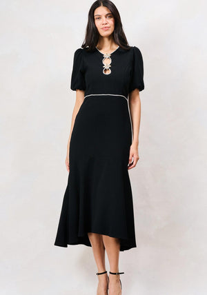 Hope & Ivy Sutton Puff Sleeve with Diamante Detail Midi Dress, Black