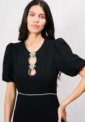 Hope & Ivy Sutton Puff Sleeve with Diamante Detail Midi Dress, Black
