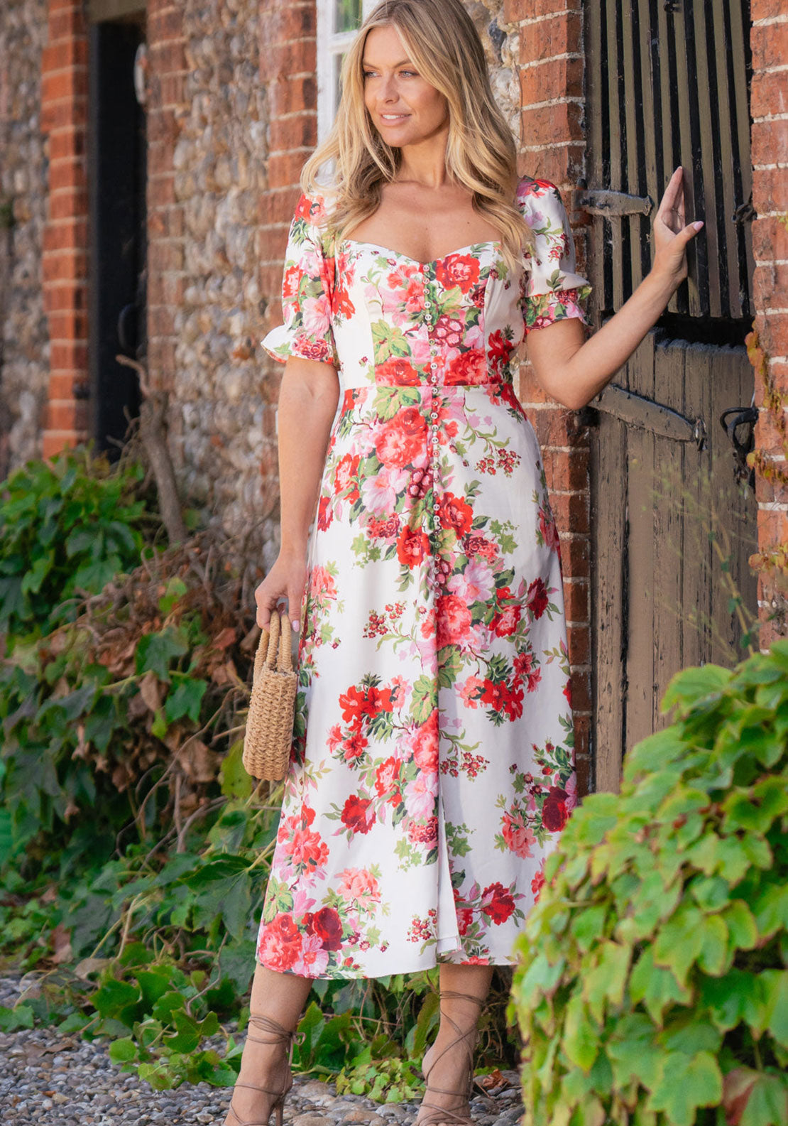 Hope & Ivy Miranda Floral Print Midi Dress, Cream and Red
