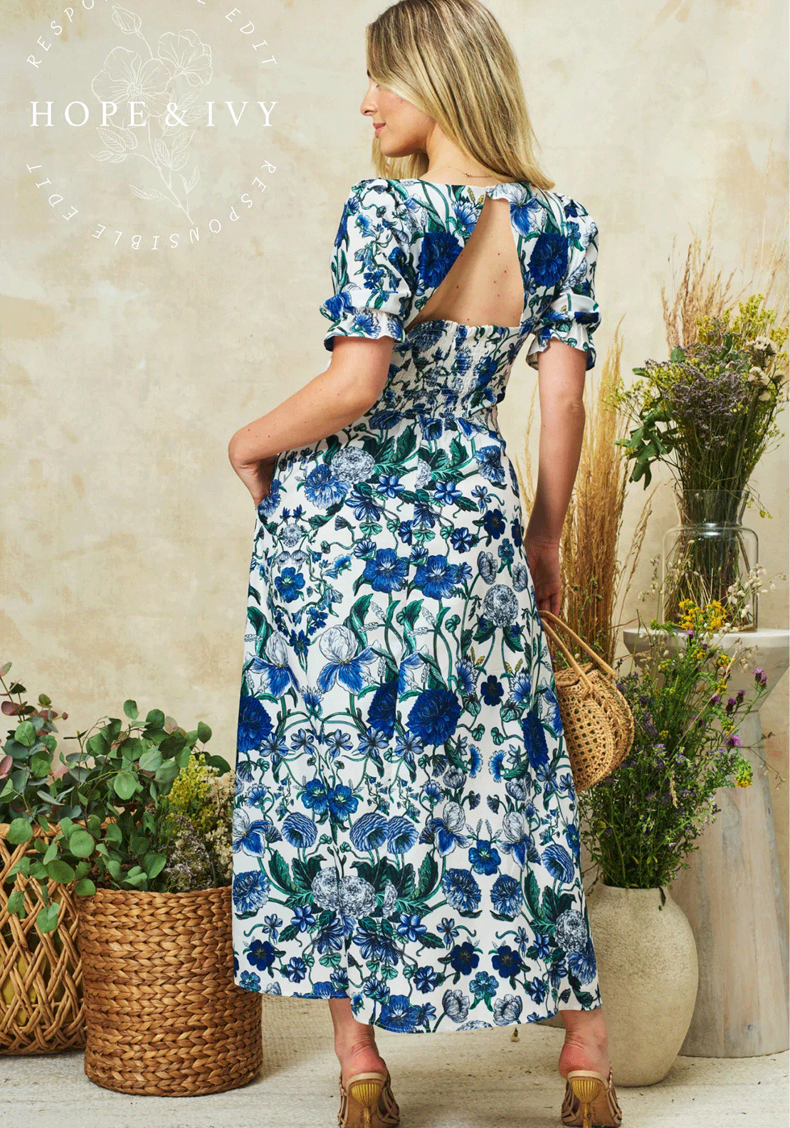 Hope & Ivy Debora Floral Sweetheart Midi Dress, Blue