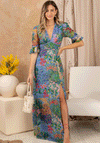 Hope & Ivy Hazel Floral Thigh Split Open Back Dress, Blue