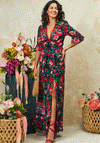 Hope & Ivy Jemma Floral Thigh Split Open Back Dress, Navy & Red