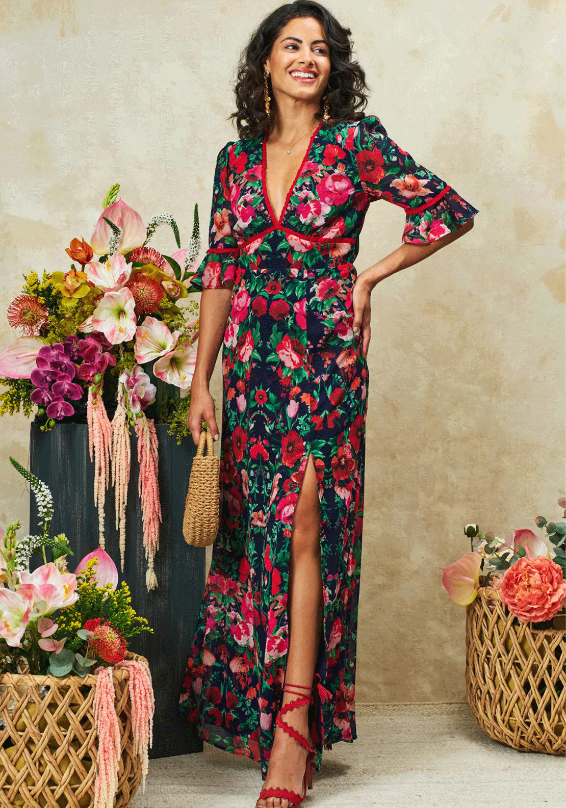 Hope & Ivy Jemma Floral Thigh Split Open Back Dress, Navy & Red ...