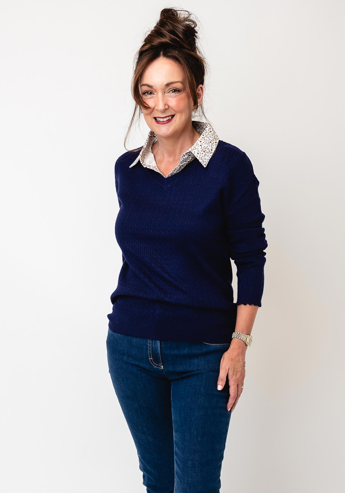 Jessica Graaf Cable Knit Collar Jumper, Navy