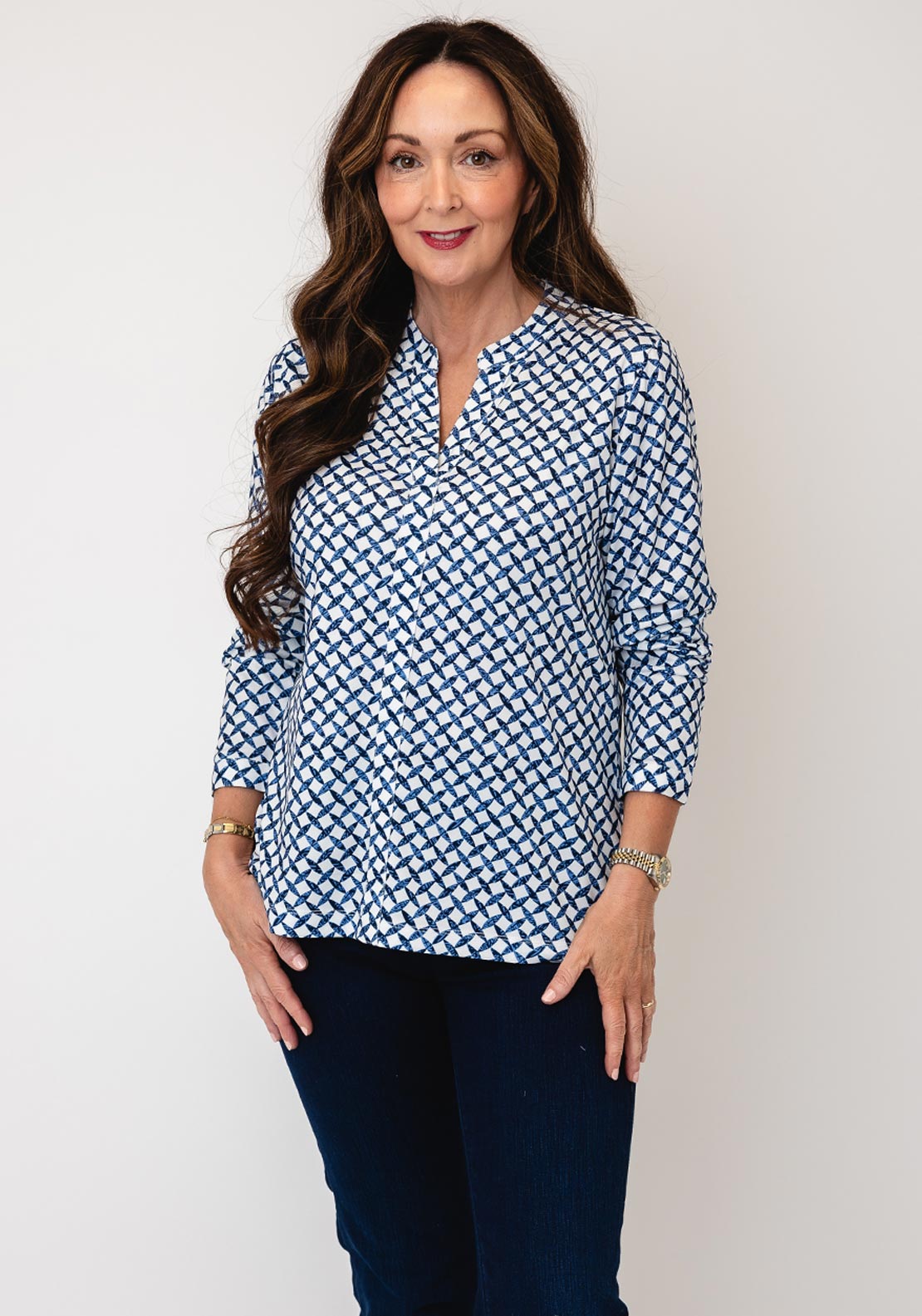 Jessica Graaf Geo Print V Neck Top, Blue - McElhinneys