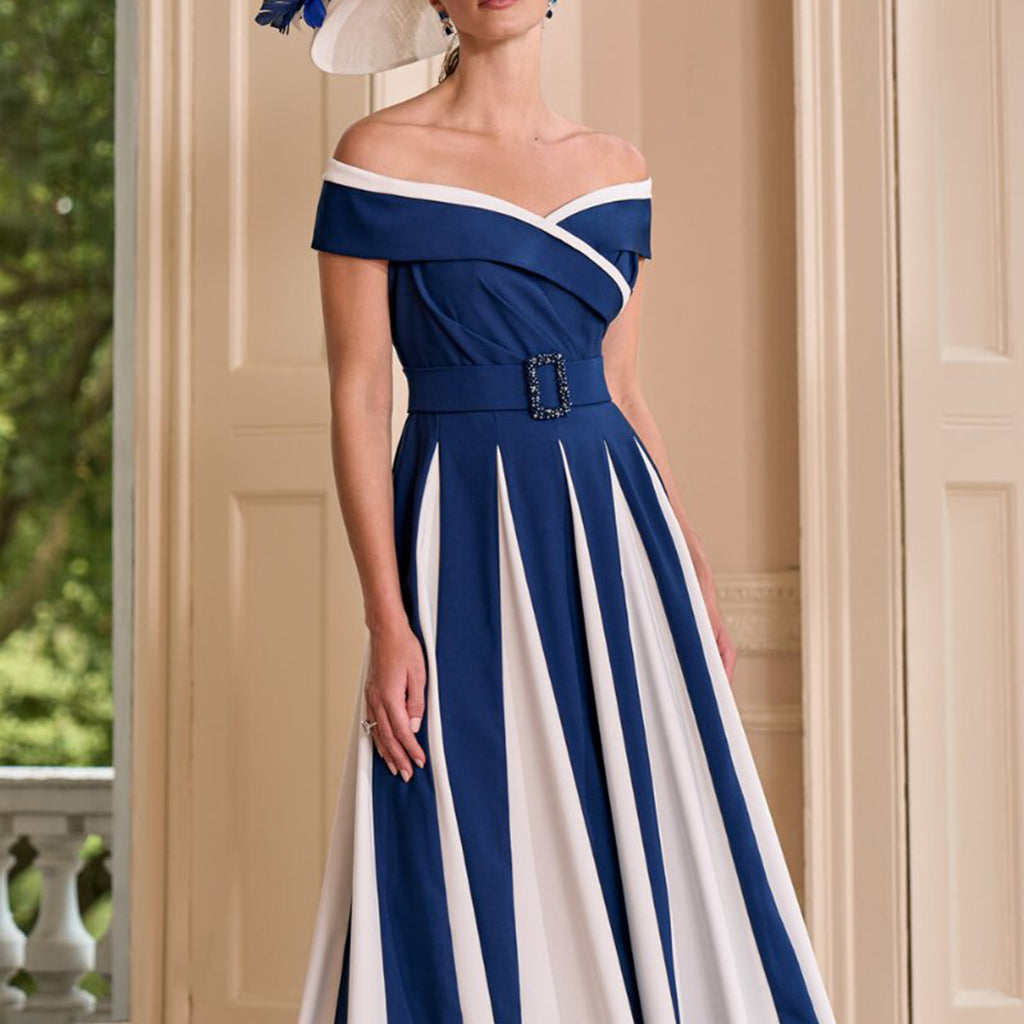 John Charles Bardot Pleated A-line Dress, Navy and Ivory