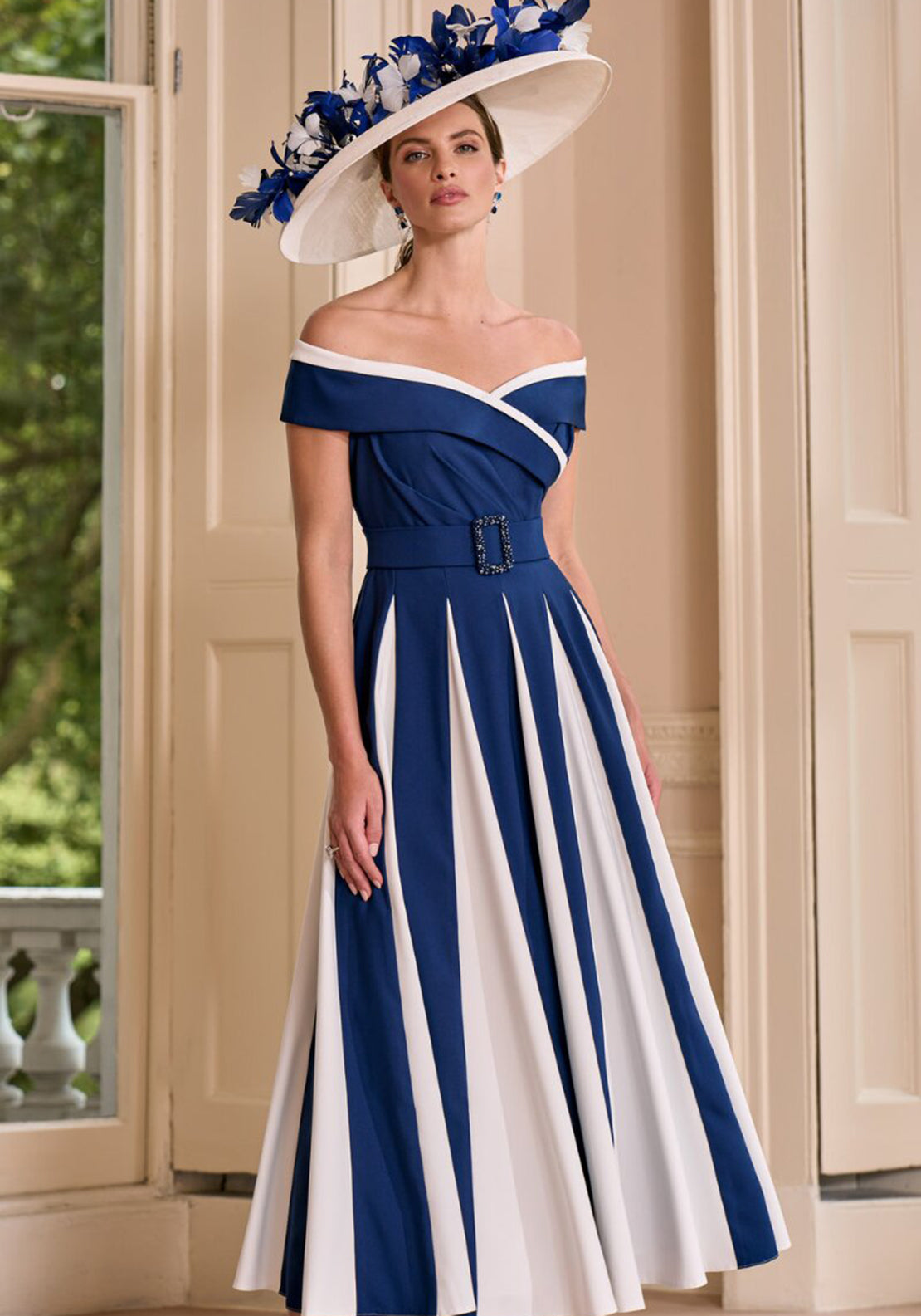knee length dresses for ladies John Charles Bardot Pleated A-line Dress, Navy and Ivory
