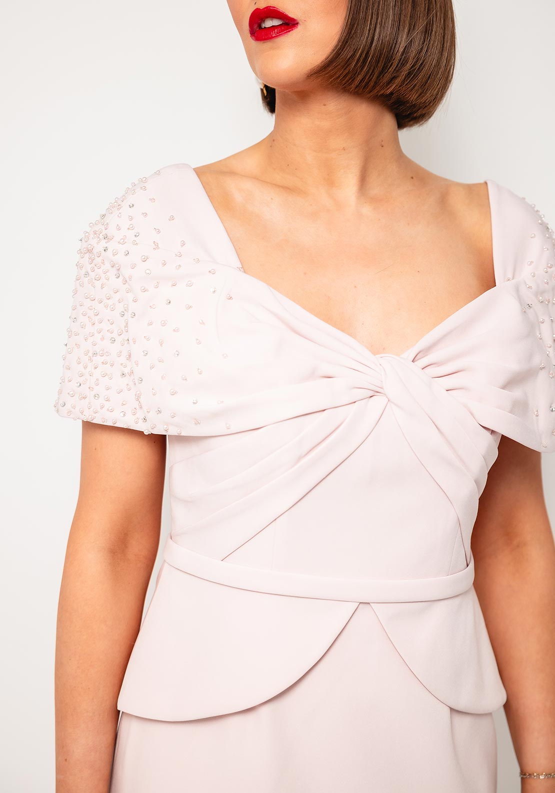 John Charles Beaded Bardot Pleated Dress, Petal Pink