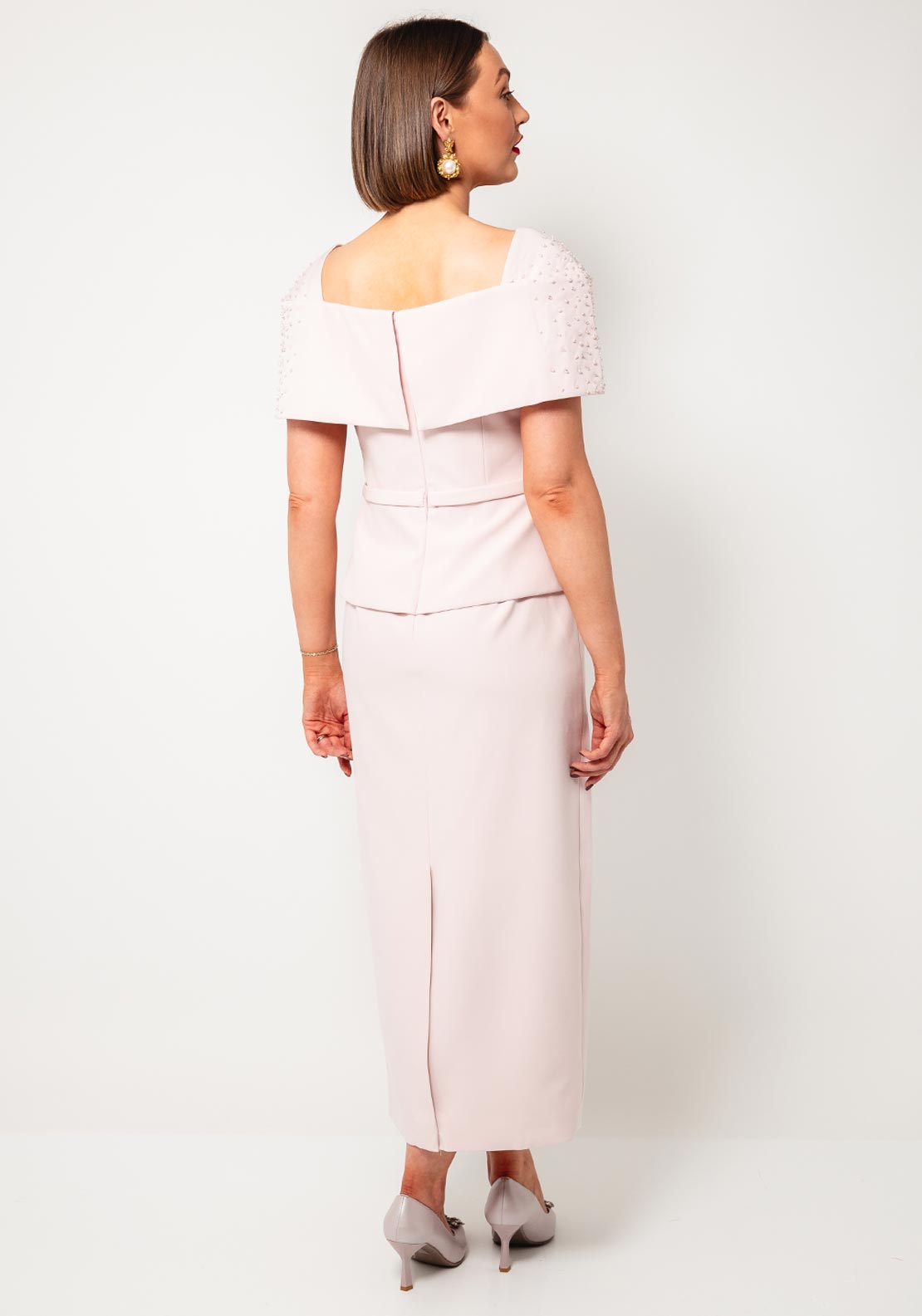John Charles Beaded Bardot Pleated Dress, Petal Pink