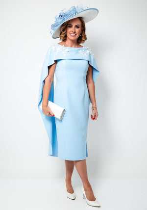 John Charles Applique Cape Midi Pencil Dress, Ice Blue and Ivory