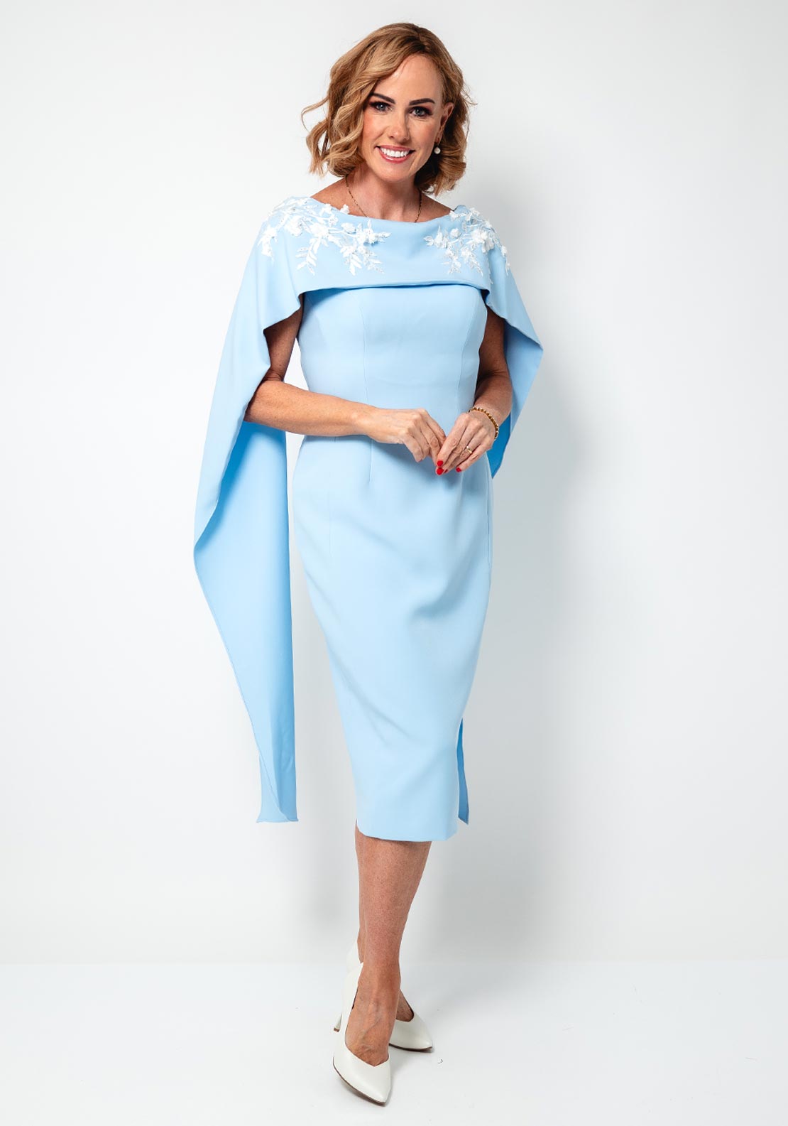 John Charles Applique Cape Midi Pencil Dress, Ice Blue and Ivory