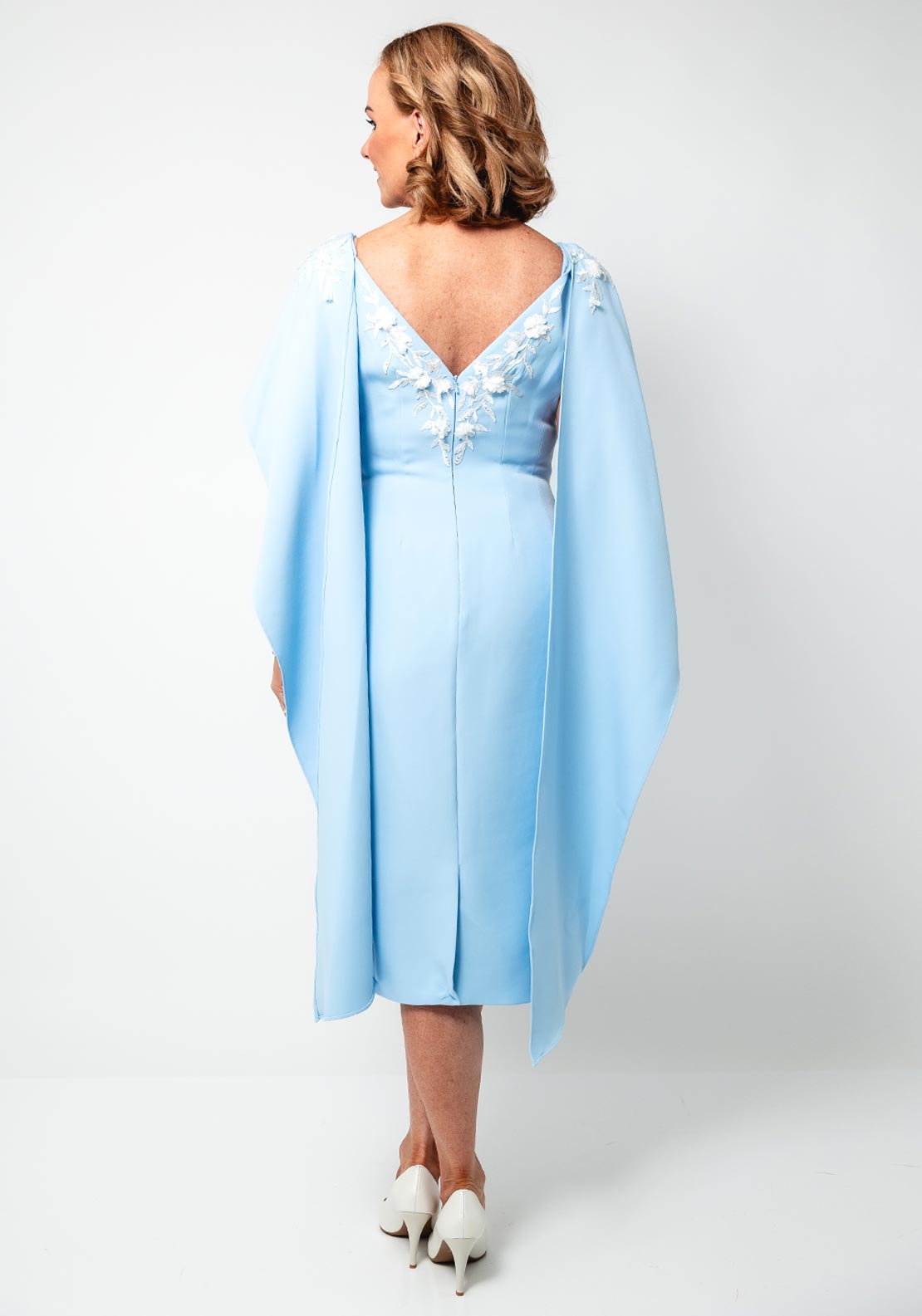 John Charles Applique Cape Midi Pencil Dress, Ice Blue and Ivory