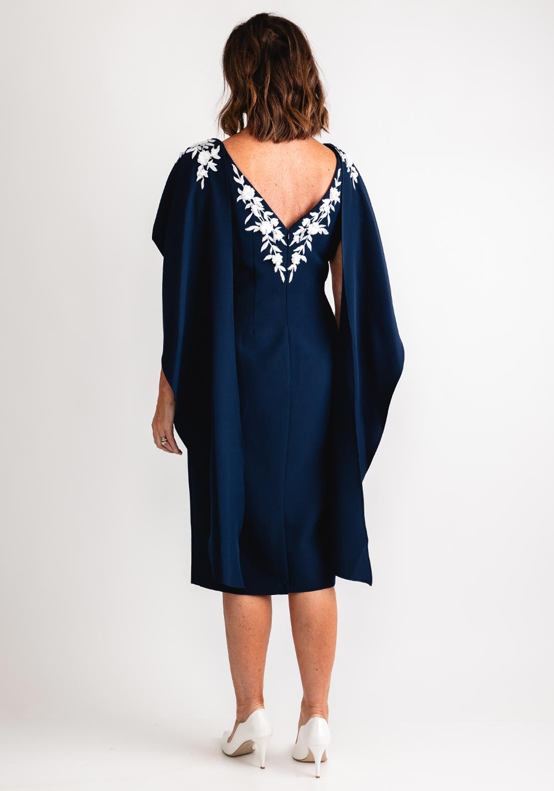 John Charles Floral Applique Cape Neckline Dress, Navy - McElhinneys