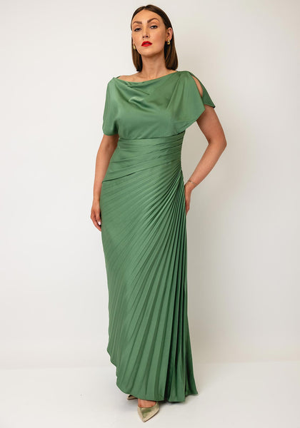 plisse dress green John Charles Satin Draped Dress, Hunter Hidden zipper/clasp at side Size:X-large Wave-SKU07 Celandine Beaded Maxi Dress