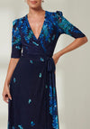 Jolie Moi Kinley Print Wrap Mesh Maxi Dress, Navy Leaf