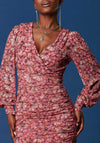 Jolie Moi Ruched Mesh Midi Dress, Pink Multi