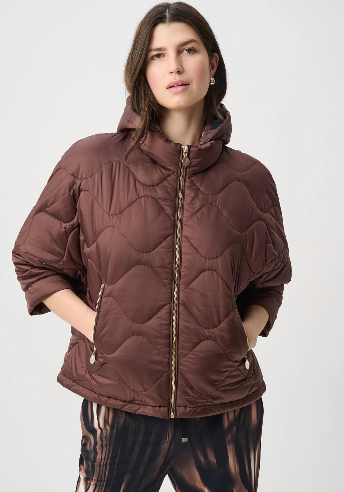 Joseph Ribkoff Quilted with Hood Waterproof Coat, Brown