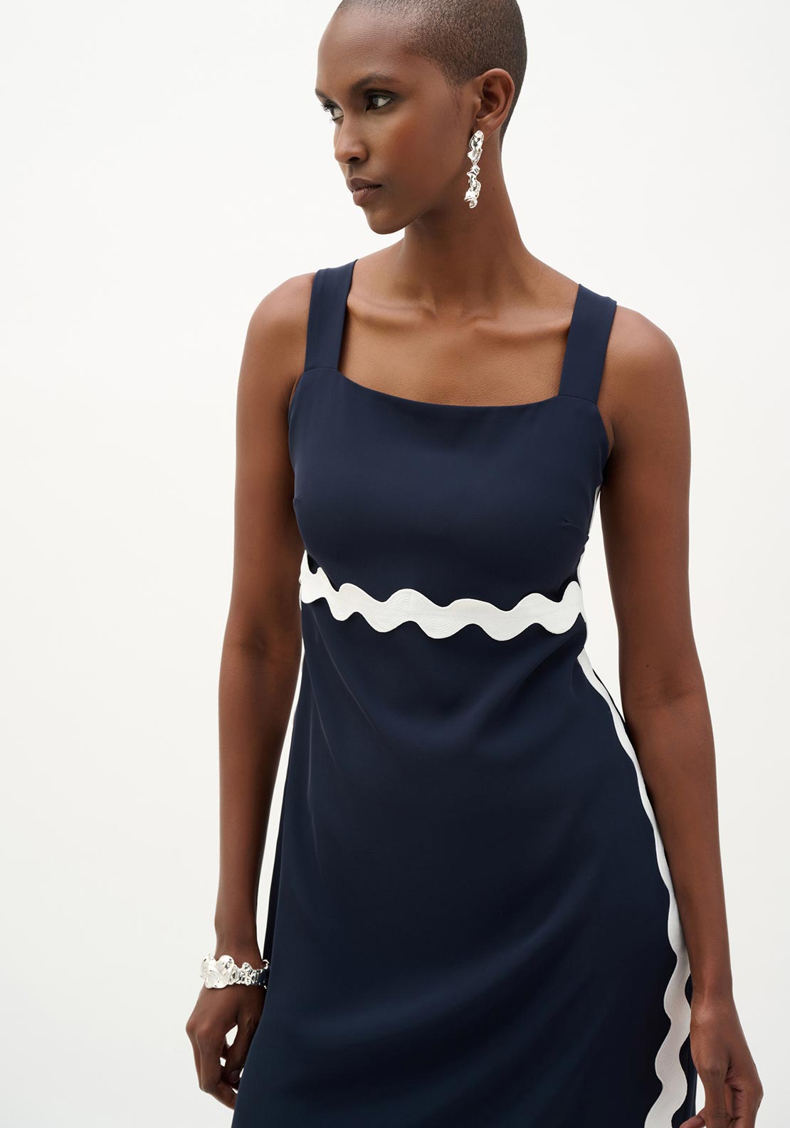 Joseph Ribkoff Woven Twill with Contrast Trim Midi Dress, Navy