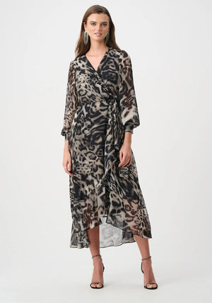 Joseph Ribkoff Chiffon Printed Wrap Midi Dress, Grey and Black