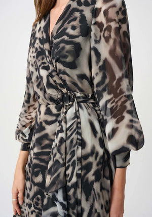 Joseph Ribkoff Chiffon Printed Wrap Midi Dress, Grey and Black