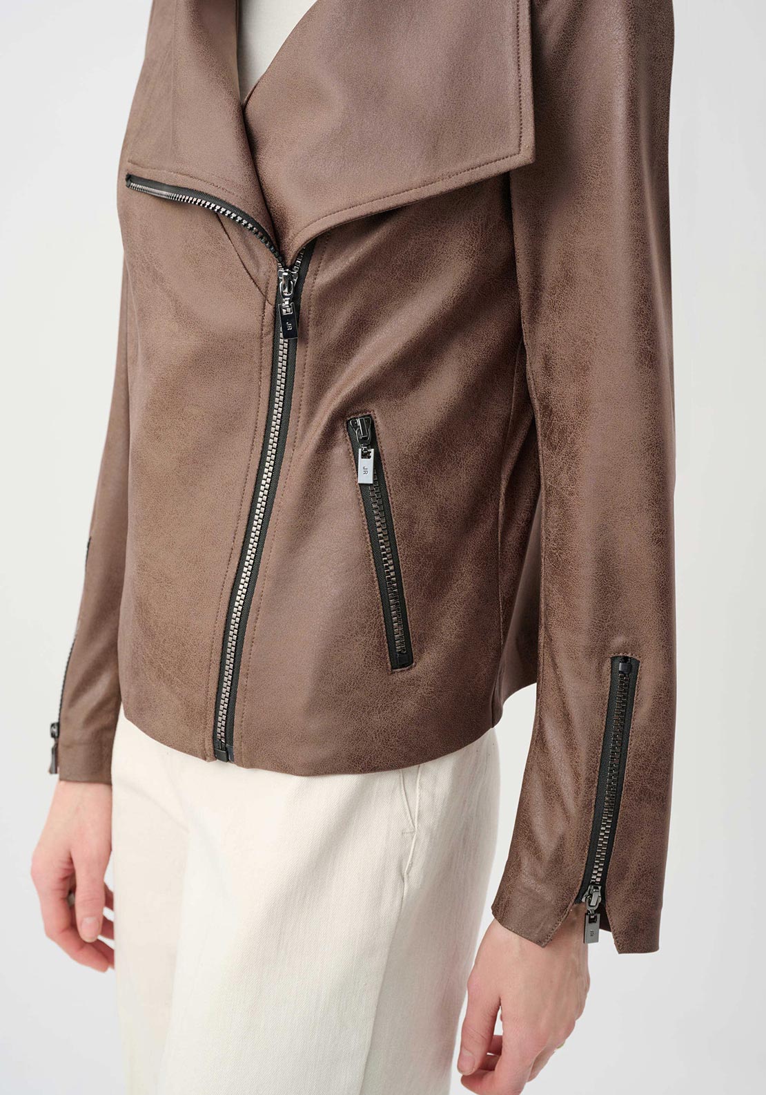 Joseph Ribkoff Foil Knit Fitted Faux Leather Jacket, Brown