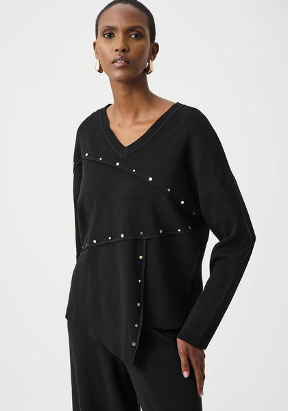 Joseph Ribkoff Asymmetric with Metal Stud Detail Sweater, Black
